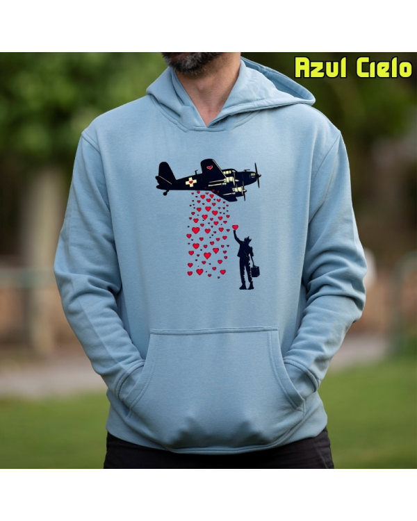 Sudadera Hombre Capucha-Bombardero de Corazones AzulCielo