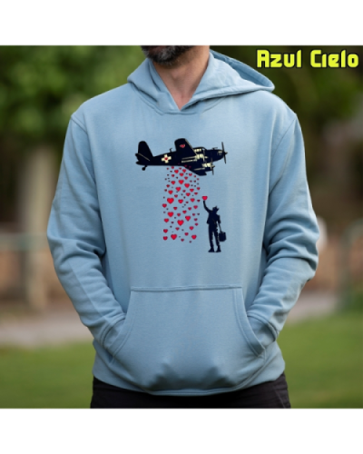 Sudadera Hombre Capucha-Bombardero de Corazones AzulCielo