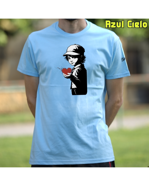 Camiseta Hombre Manga Corta-Corazon en Mano AzulCielo