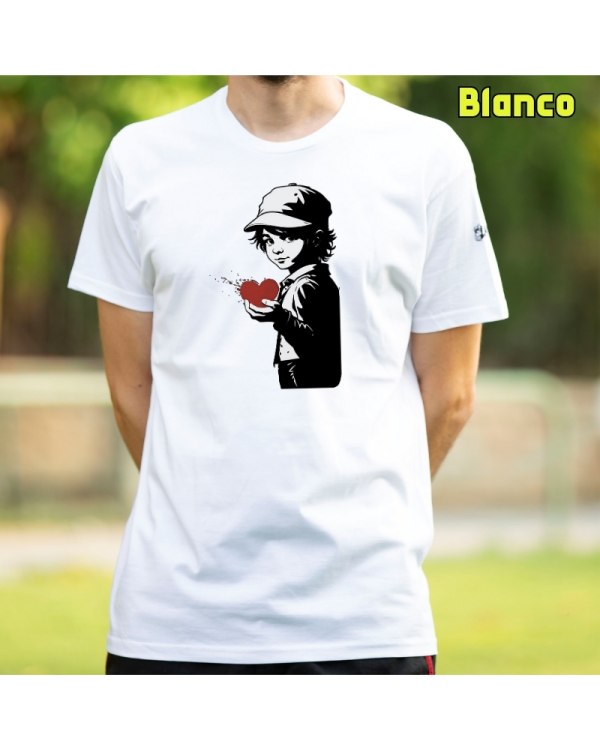 Camiseta Hombre Manga Corta-Corazon en Mano Blanco