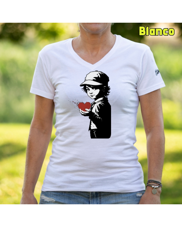 Camiseta Mujer Manga Corta-Corazon en Mano Blanco