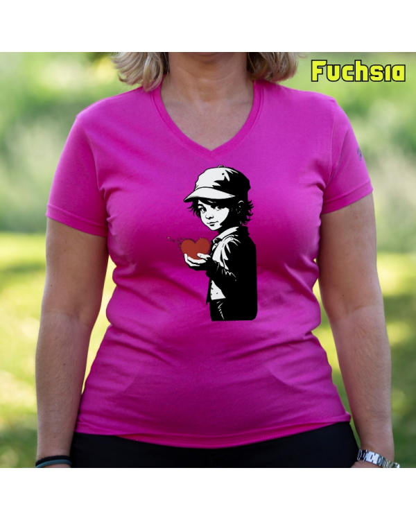 Camiseta Mujer Manga Corta-Corazon en Mano Fuchsia