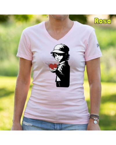 Camiseta Mujer Manga Corta-Corazon en Mano Rosa