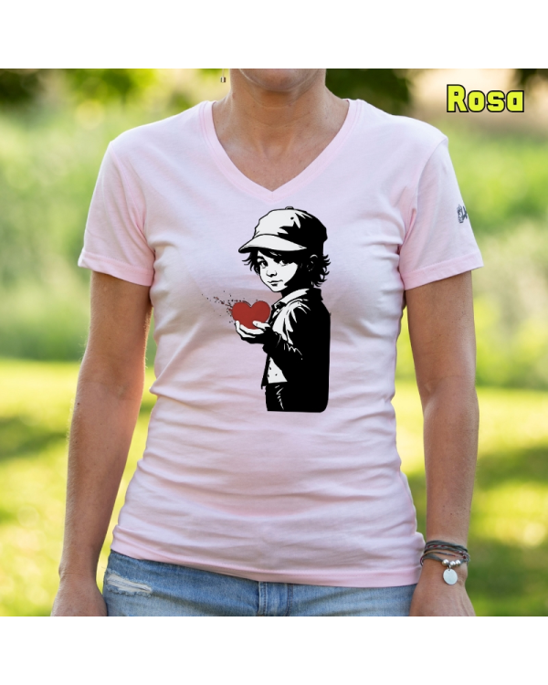 Camiseta Mujer Manga Corta-Corazon en Mano Rosa