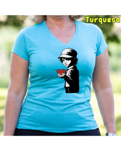 Camiseta Mujer Manga Corta-Corazon en Mano Turquesa