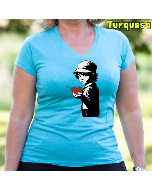 Camiseta Mujer Manga Corta-Corazon en Mano Turquesa