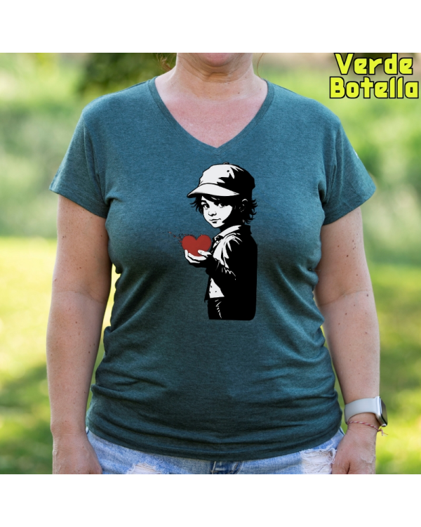 Camiseta Mujer Manga Corta-Corazon en Mano VerdeBotella