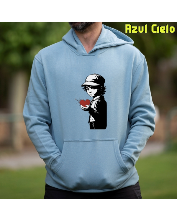 Sudadera Hombre Capucha-Corazon en Mano AzulCielo