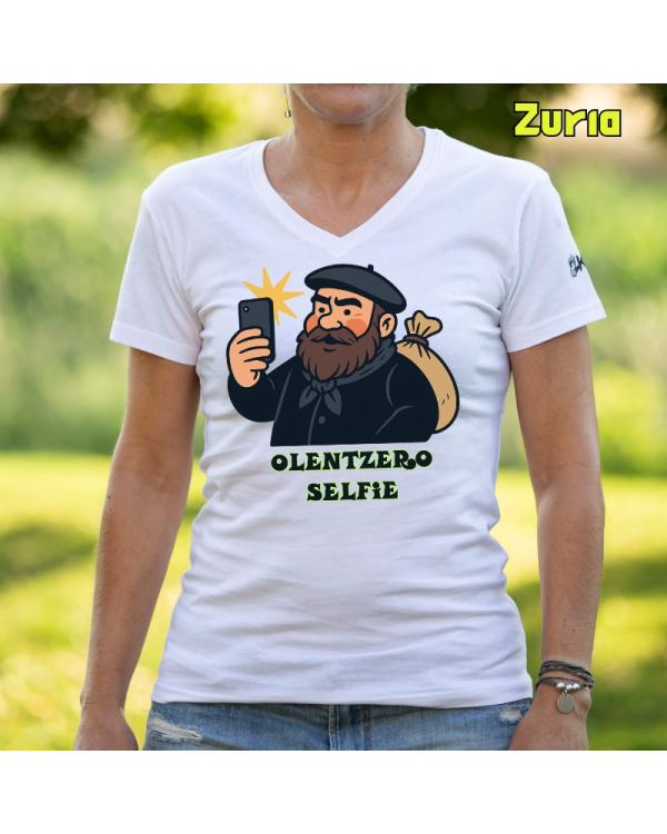 Emakume Kamiseta-Olentzero Selfie Zuria