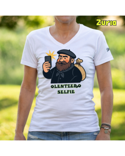 Emakume Kamiseta-Olentzero Selfie Zuria