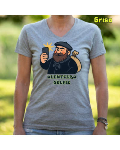 Emakume Kamiseta-Olentzero Selfie Grisa