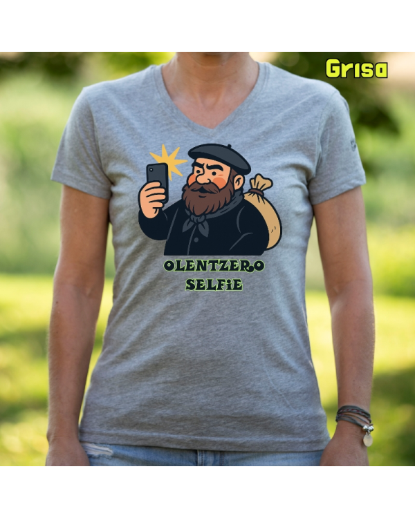 Emakume Kamiseta-Olentzero Selfie Grisa