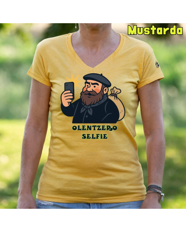 Emakume Kamiseta-Olentzero Selfie Mustarda