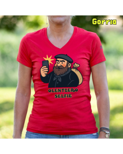 Emakume Kamiseta-Olentzero Selfie Gorria