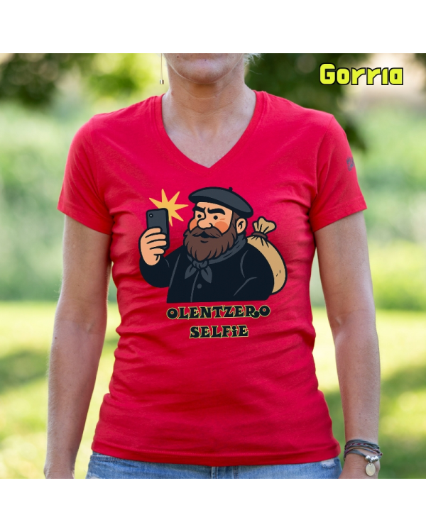 Emakume Kamiseta-Olentzero Selfie Gorria