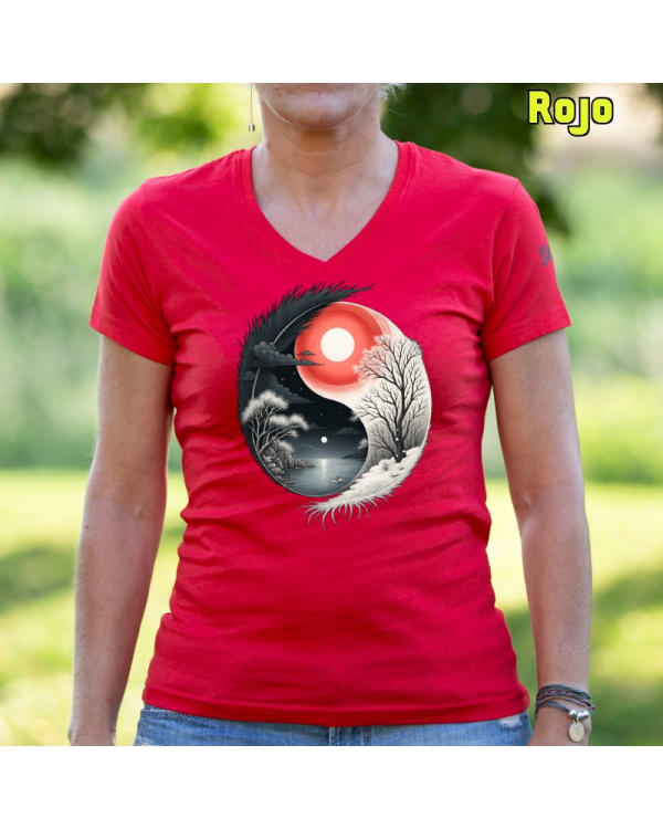 Camiseta Mujer Manga Corta-Yin Yang Rojo