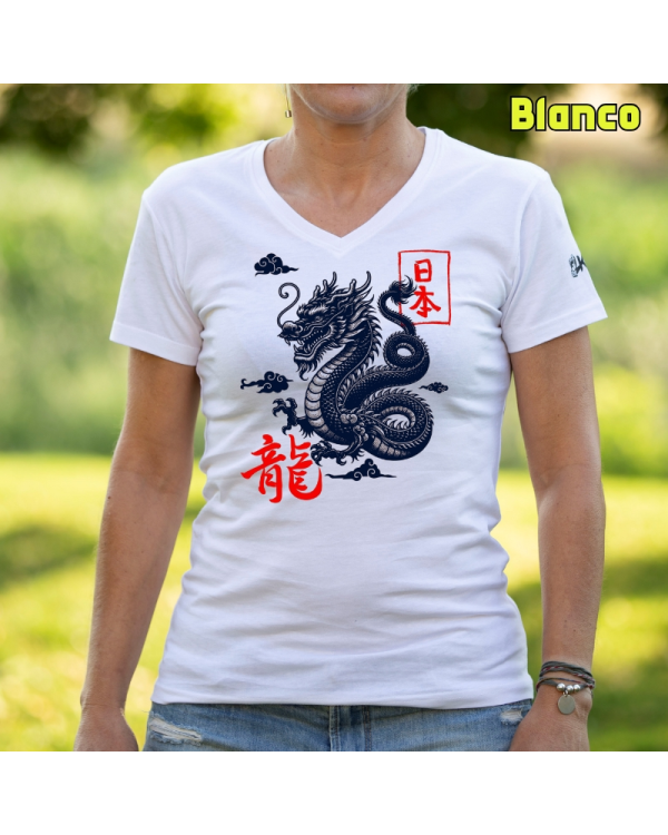 Camiseta Mujer Manga Corta-Dragón Blanco