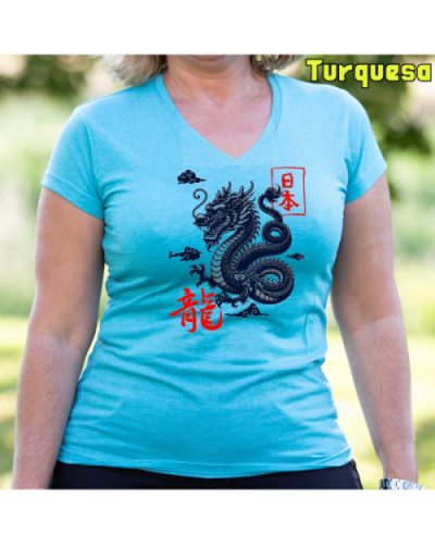 Camiseta Mujer Manga Corta-Dragón Blanco