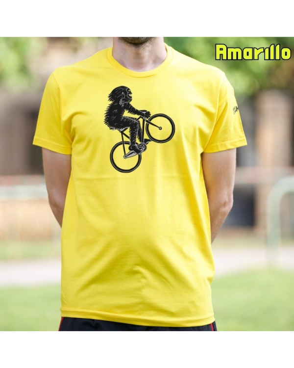 Diseño original y divertido de El Yeti saltando con la bicicleta.