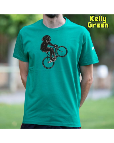 Diseño original y divertido de El Yeti saltando con la bicicleta.