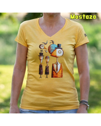 Camiseta Mujer Manga Corta-Pajaritos Mostaza