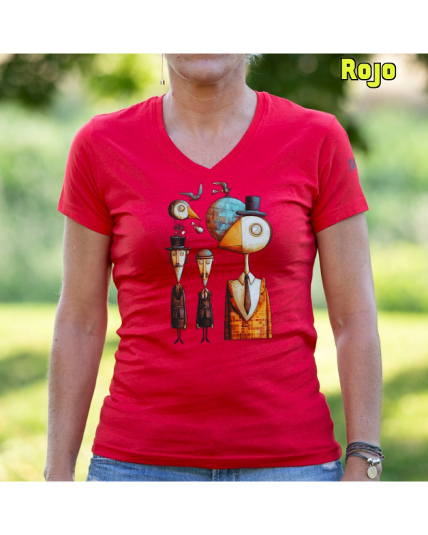 Camiseta Mujer Manga Corta-Pajaritos Rojo