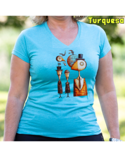 Camiseta Mujer Manga Corta-Pajaritos Turquesa