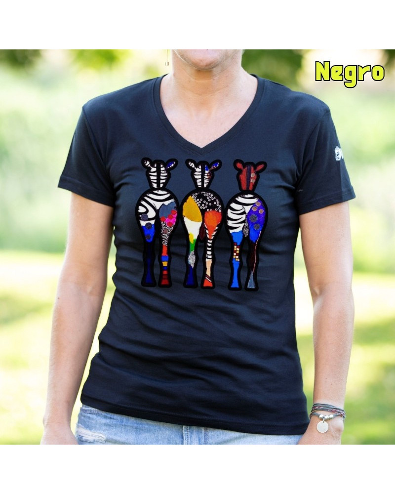Camiseta Mujer Manga Corta - Three Colorful Zebras